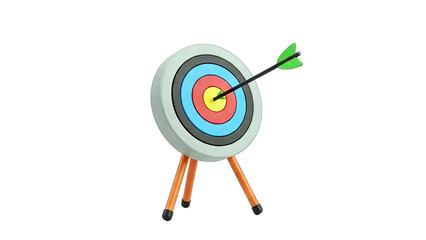 Arrow hitting the bullseye on a target in a white background