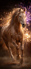 Fototapeta premium Majestic Horse Galloping through Fireworks: A spirited horse gallops gracefully through a mesmerizing display of fireworks, embodying freedom, power, and the thrill of celebration. 