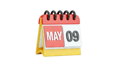 Calendar Showing May 09 Date, Isolated on White Background