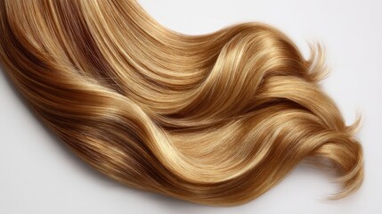 Fototapeta premium Golden blonde and warm golden brown hair strands isolated on a clean white background, showcasing silky texture, shine, and natural hair color gradient