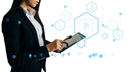 Businesswoman holding tablet with smart home and IoT icons, digital style, on white background. Concept of mobile control and smart technology