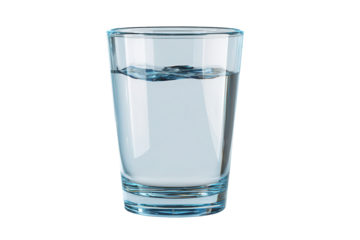 Clear glass filled with water sits on a plain background showcasing its contents and reflections from different angles