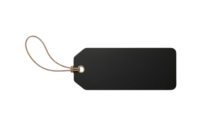 A black tag with a brown string is shown on a white background.