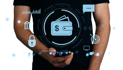 Man holding phone with holographic wallet, banking, and security icons on dark background, illustrating mobile finance and payment concept