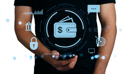 Man holding phone with holographic wallet, banking, and security icons on dark background, illustrating mobile finance and payment concept