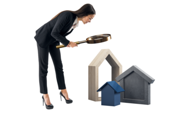 Woman in business attire examining house-shaped objects with magnifying glass, clean isolated background, concept of real estate search and analysis