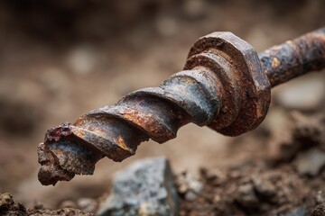 Rusty metal screw found in the ground during excavation work at a construction site in a city