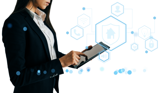 Businesswoman holding tablet with smart home and IoT icons, digital style, on white background. Concept of mobile control and smart technology - Powered by Adobe