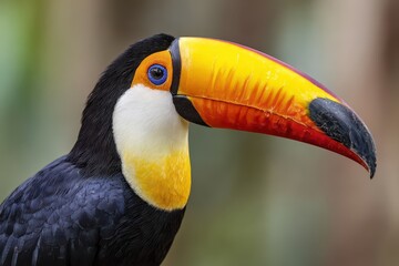 Obraz premium Brightly colored toucan perches among trees in a tropical forest during midday