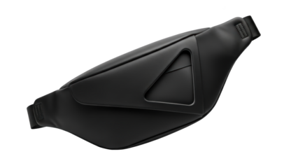 A sleek black fanny pack with a triangular pocket is laid on a white surface.