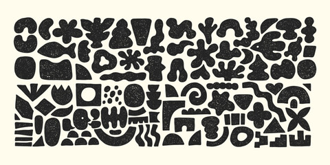 Abstract modern organic shape round form set. Black and white, monochrome, doodle style. Liquid organic blob curve shape figure. Abstract liquid bubble, wavy different form. Soft round oval pattern.