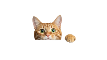 Curious cat peeking from behind with paw outstretched in bright environment.