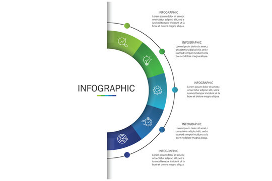 Business visualization infographic circle design template with 5 options, steps or processes. Business presentation.	
