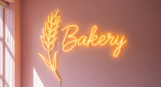Soft golden neon Bakery sign on pastel pink wall with inviting sweet atmosphere. - Powered by Adobe