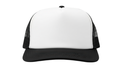 A black and white baseball cap with a mesh back is shown straight on.