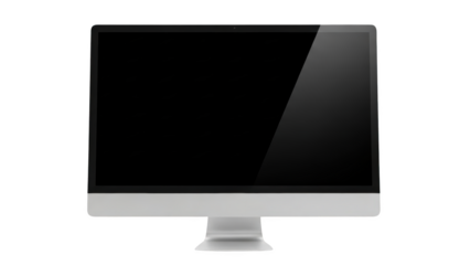 A sleek computer monitor displays a blank screen on a white background indoors.
