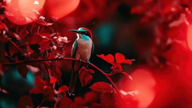 Bee eater sings on a vibrant red branch amidst colorful foliage, bee-eater on a red branch sings and looks around
