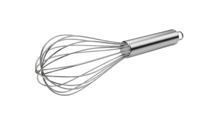 A shiny metal whisk with wires is shown on white