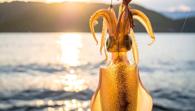 夕暮れの海でアオリイカをエギング釣りで引き上げた臨場感ある瞬間