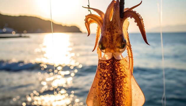 朝の光の中でアオリイカをエギング釣りした成果を掲げる場面