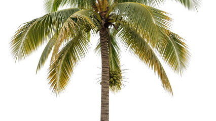Fototapeta premium A tall palm tree with green leaves and coconuts stands alone in a tropical environment outdoors.