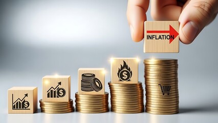 Hand placing inflation block atop rising stacks of gold coins symbolizing economic instability and increasing costs