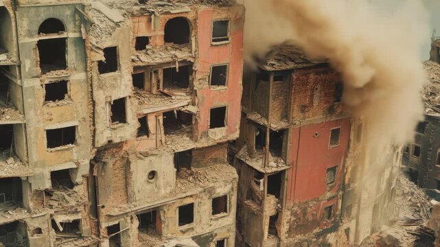 Closeup view of destroyed multistory buildings in an urban landscape, A close-up view of multi-story buildings destroyed by an aerial bombing during war and conflict