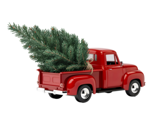 Bright red vintage pickup truck toy carrying a large green Christmas tree tied down in the bed, isolated on transparent background