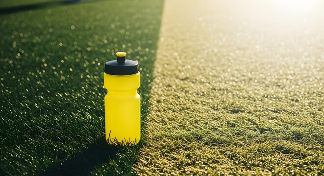 Yellow water bottle standing on green artificial turf field duri