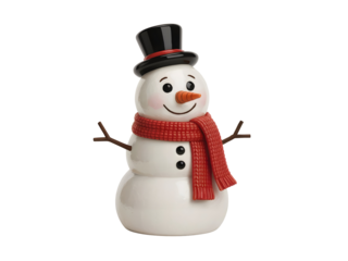 Cheerful 3D snowman wearing a black top hat and a bright red knitted scarf isolated on a clean background