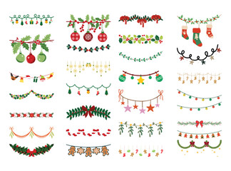 Christmas Garland and Border Set. Hanging Decorations with Lights, Stockings and Holly Leaves. Vector Dividers for Web Headers and Cards.