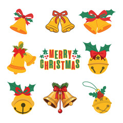 Fototapeta premium Christmas Golden Bells Vector Set. Jingle Bell Icons with Red Bows, Holly Leaves and Typography. Traditional Holiday Decoration Elements.