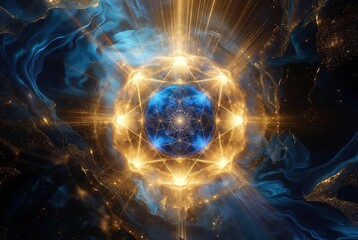 Obraz premium Bright digital sphere surrounded by a golden geometric network in a dark, energetic space