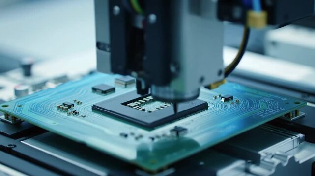 Automated assembly machine placing component on circuit board in tech manufacturing lab