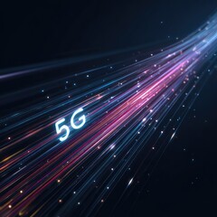 Luminous 5G text amidst vivid radiant light trails on a dark backdrop symbolizing highspeed connectivity