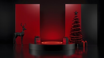 Luxurious Black and Red Christmas Holiday Stage with Elegant Reindeer, Glowing Christmas Tree, Gift Boxes, and Neon Podium Display for Festive Product Presentation