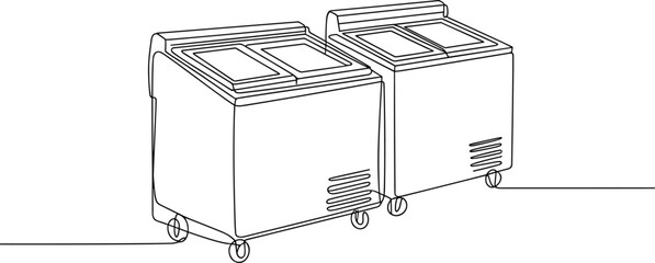 Black and white line of a two-sectioned ice cream display case on wheels