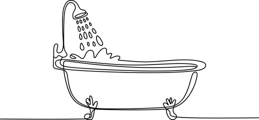 Black and white line of a bathtub with shower head and water droplets