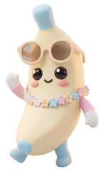 Cute 3D Banana Character Wearing Sunglasses and Flower Necklace Waving Hand