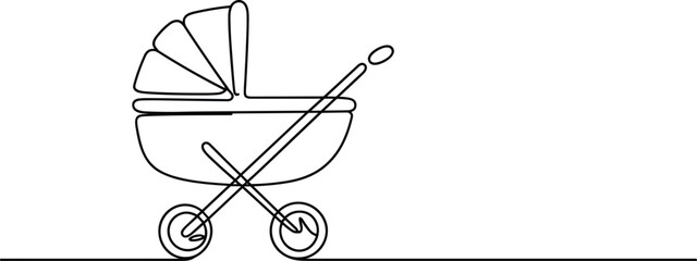 Black and white line of a baby stroller with a pizza on