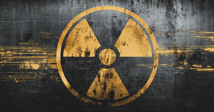 Attention-grabbing orange radioactive sign on a textured metal background. 
