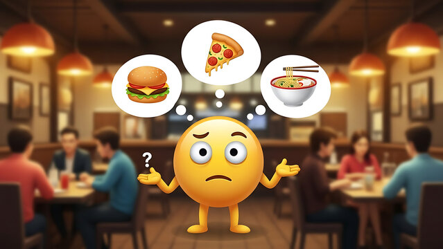 Confused cartoon emoji character thinking about food options in restaurant setting with people eating in background