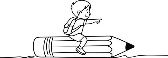 Boy Riding a Giant Pencil with a Backpack child