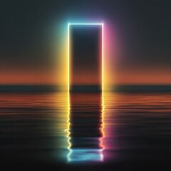 Neon rectangle reflecting in rippling water Background sky with sunset hues