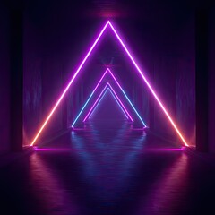 Neon triangles in a dark corridor with reflective floor