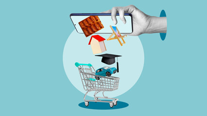 Personal Finance Management - Tracking Monthly Expenses Online. Online Shopping Concept with Life Essentials. E-commerce: Buying Daily Needs and Future Goals