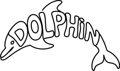 Black and white dolphin with the word dolphin outline
