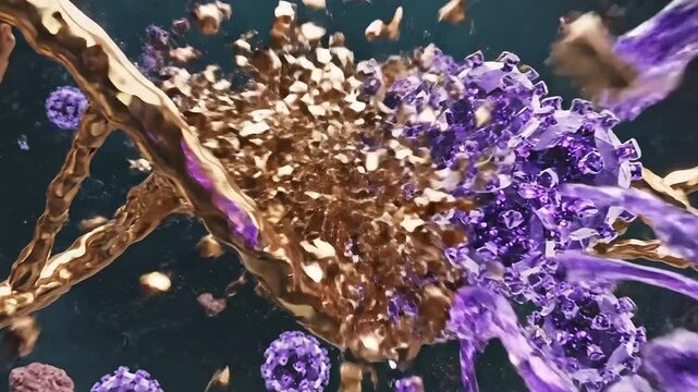 3D animation of purple virus cells attacking golden DNA helix strand causing biological damage