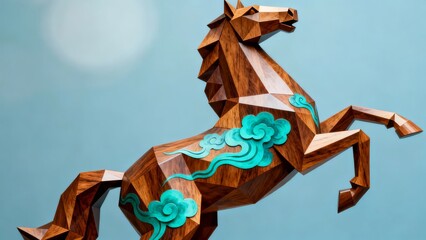 A geometric wooden horse sculpture adorned with turquoise cloud motifs set against a soft blue background.