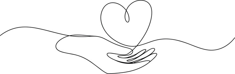 Hand holding a heart with a ribbon in a minimalist line